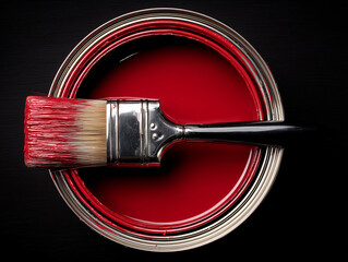 A can of red paint with a brush dipped into it