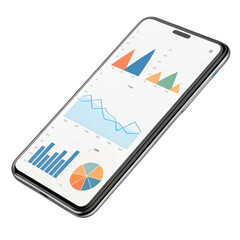 Modern smartphone displaying financial charts and graphs isolated on transparent background
