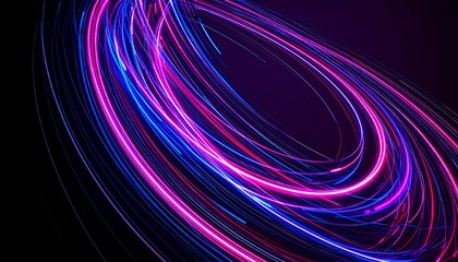 Vibrant, swirling neon light trails create a dynamic, hypnotic effect against a dark background.  Intertwined lines of fuchsia and electric blue light form concentric, circular patterns.