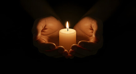 Hands Holding Candle in Darkness
