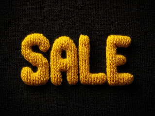 The word SALE in small yellow knit on a black knitted background