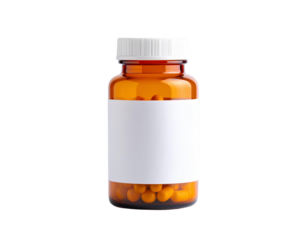Orange pills-filled bottle with a blank white label  isolated on a transparent background.
