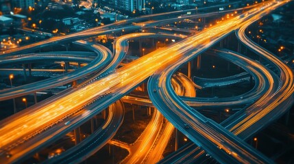 Complex city freeway interchange at night