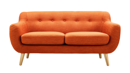 Coral orange two-seater sofa with button tufting.  Rounded arms and light-colored legs