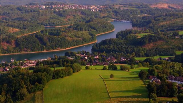 the aggertal dam lake in germany from above 4k 25fps video