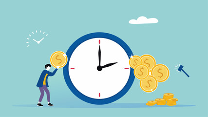 ROI, return on investment or long term investment success, increase in dividends or returns from the costs that have been invested, businessman invests money into big watch to get return profit
