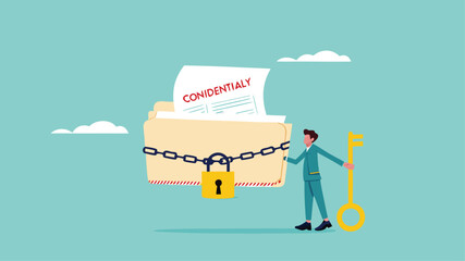 confidential document or important business document, secret security key for privacy protection, security for save important files or documents, businessman lock document folder with security padlock