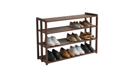 Shoe rack with shoes isolated on white background.