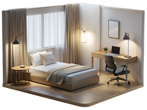 3d illustration of a modern bedroom interior with a bed, desk, chair, and lamps, featuring clean lines, neutral colors, and natural light from the window, creating a cozy and functional living space i
