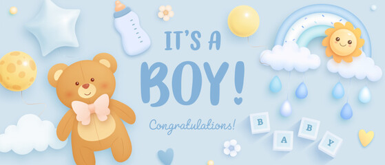 Baby shower horizontal banner with cartoon teddy bear, rainbow, sun, helium balloons and clouds on blue background. It's a boy. Vector illustration
