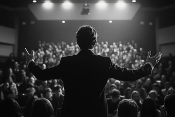 Lecturer engaging students in a university auditorium during an interactive lecture