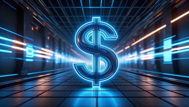 A glowing neon blue dollar sign stands prominently in a futuristic tunnel with streaks of light symbolizing digital currency and financial technology