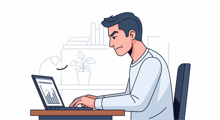 Young Man Working on Laptop Computer at Desk.