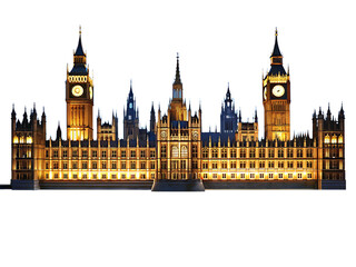 Fototapeta premium Illuminated Palace of Westminster with Big Ben at Night on png Black Background parliament london