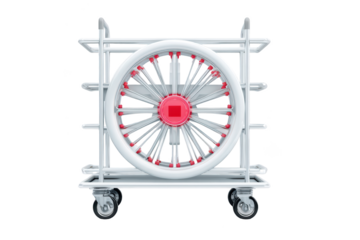 White wheel on a cart with a red center