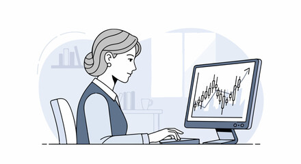 Businesswoman analyzing financial stock market data on computer monitor illustration.