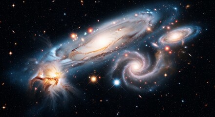 Dramatic Cosmic Storm featuring a Bright Spiral Galaxy and Exploding Star in Deep Space.