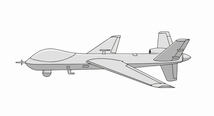 Line art illustration of a military combat drone, an unmanned aerial vehicle UAV shown in a side view.