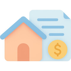 A house and a dollar bill are shown on a white background