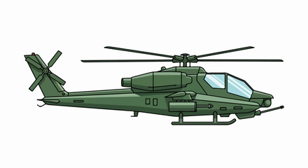Green Military Attack Helicopter Side View Illustration.