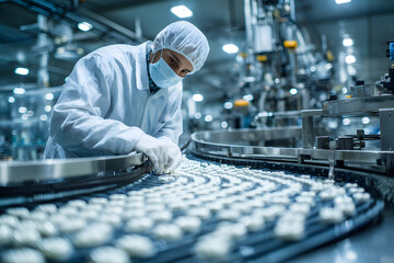 Factory worker inspection production line pharmaceutical hygiene mask automation quality control sterile modern facility. focused worker inspects products conveyor clean automated pharmaceutical