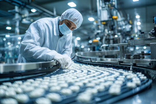 Factory worker inspection production line pharmaceutical hygiene mask automation quality control sterile modern facility. focused worker inspects products conveyor clean automated pharmaceutical