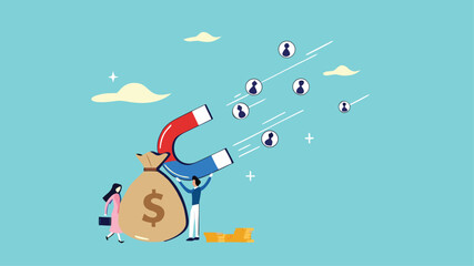 Customer acquisition cost or CAC, marketing expense on customer retention, advertising cost for lead generation, businessman uses magnets with dollar costs to attract customers
