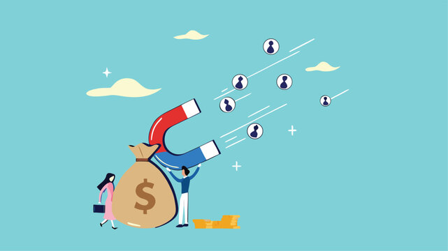 Customer acquisition cost or CAC, marketing expense on customer retention, advertising cost for lead generation, businessman uses magnets with dollar costs to attract customers
