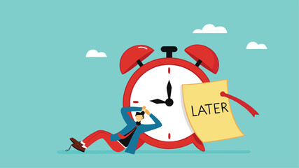 Procrastination or wasting work time with businessman sleeping leaning on an alarm clock with the word later written on paper sticky notes, delaying work or wasting time, laziness to do a task or job
