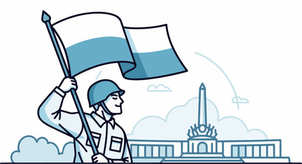 Soldier Holding White and Blue Flag with Monument Background.
