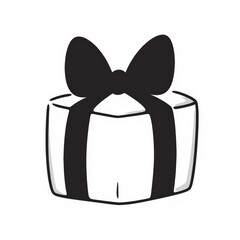 A black and white drawing of a gift box with a bow on top