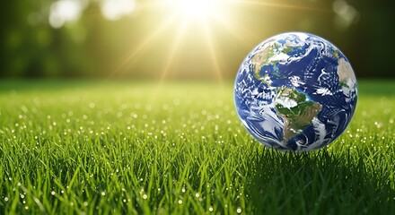 Planet earth resting gently on lush green grass under bright sunlight and natural bokeh