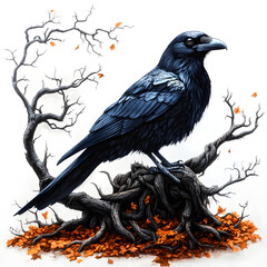 Fototapeta premium A large black raven perches on a gnarled tree root covered in autumn leaves. Bare tree branches frame the bird against a white backdrop.