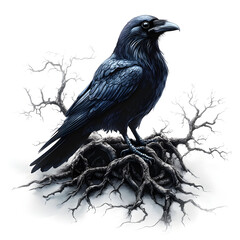 Fototapeta premium A detailed illustration depicts a black raven perched atop a mass of intertwined roots, with bare branches in the background. The bird is looking to the side.