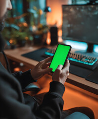 man using phone against computer background