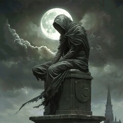 Mysterious Hooded Figure Seated Under Full Moon at Night