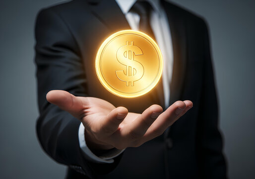Businessman hand holding glowing golden dollar coin, a concept of investment, finance, and success. Digital money, business profit, financial growth and wealth currency. Golden dollar coin.
