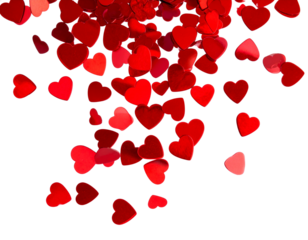 Scattered small red 3D hearts floating and falling on transparent background