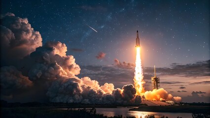 Rocket Launching into Starry Night Sky with Dramatic Clouds and Meteor space spaceship