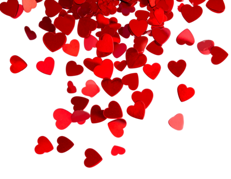 Scattered small red 3D hearts floating and falling on transparent background