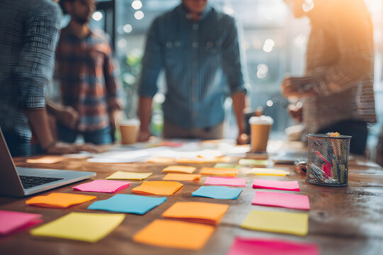 Brainstorming session with diverse business team collaborating around wooden table, colorful sticky notes, coffee cups, and sunlight creating energetic atmosphere in modern office