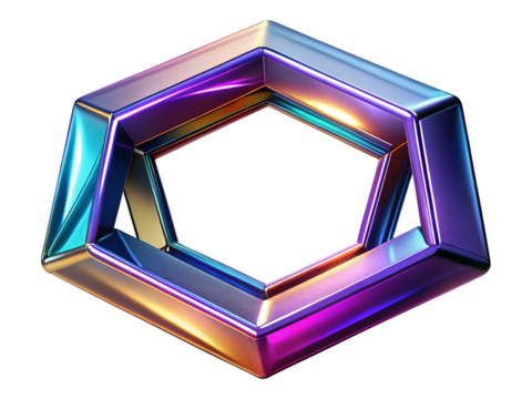 3d illustration of iridescent metallic hexagonal shape isolated on transparent background, representing a futuristic geometric design with vibrant colors and a modern aesthetic
