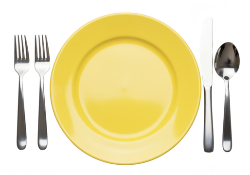 Yellow plate with fork, knife, and spoon isolated on transparent background