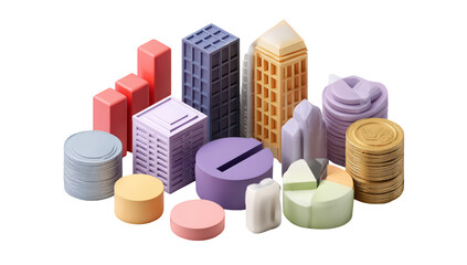 3D rendered city and financial objects in a group, on black background