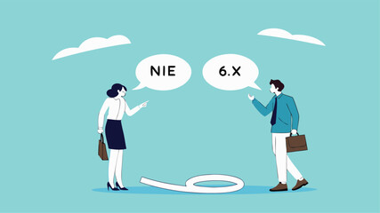 Fototapeta premium different opinion because different viewing angle, differences in ways of thinking or searching for solutions, businessman and woman argue from different points of view to determine number nine or six