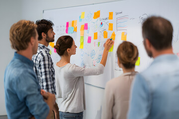 Group of business professionals brainstorming strategy on whiteboard with colorful sticky notes, collaborating in modern office, focused and engaged in creative planning session