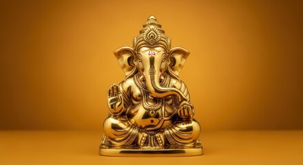 Radiant golden idol of Hindu deity Ganesha, symbolizing wisdom and prosperity, in a studio setting.
