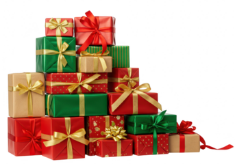 Stack of christmas gifts with red, green, and gold ribbon isolated on transparent background