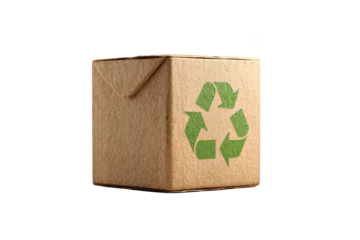 Brown cardboard box with a green recycling symbol against a black background