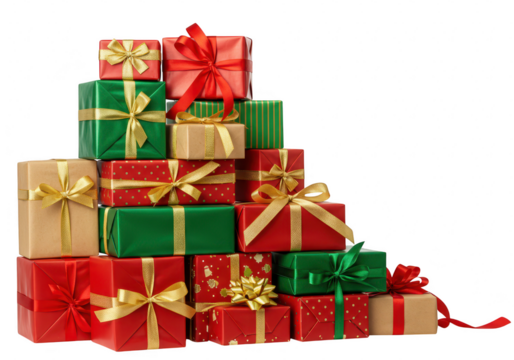 Stack of christmas gifts with red, green, and gold ribbon isolated on transparent background